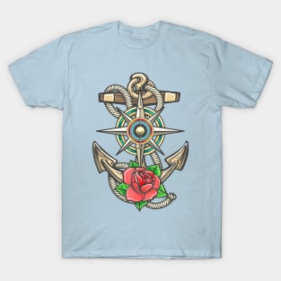 Anchor with Compass Windrose and Rose Flower T-Shirt